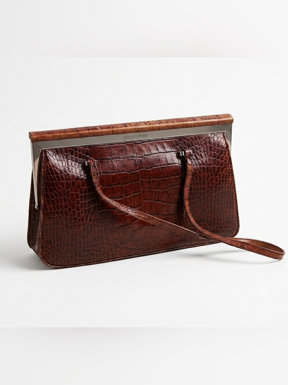 Antonio Melani Burgundy Brown Croc Embossed Metal Frame Shoulder Bag Purse
